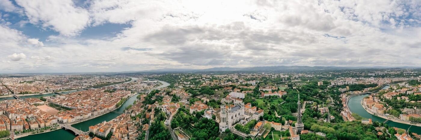 Aerial view of Lyon at the confluence of the Rhône and Saône rivers